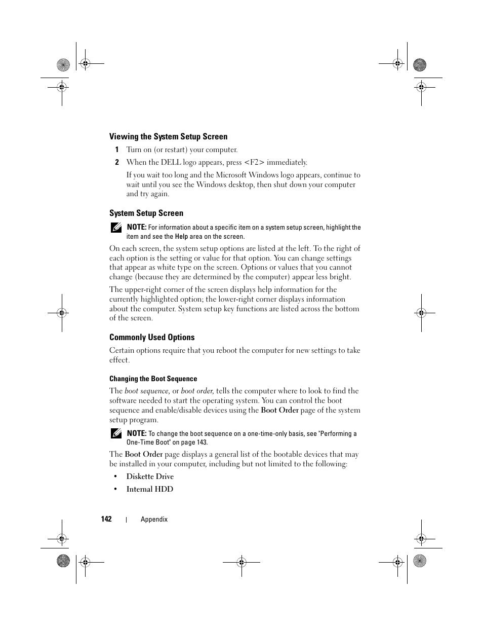 Viewing the system setup screen, System setup screen, Commonly used options | Dell Vostro 500 (Mid 2009) User Manual | Page 142 / 170