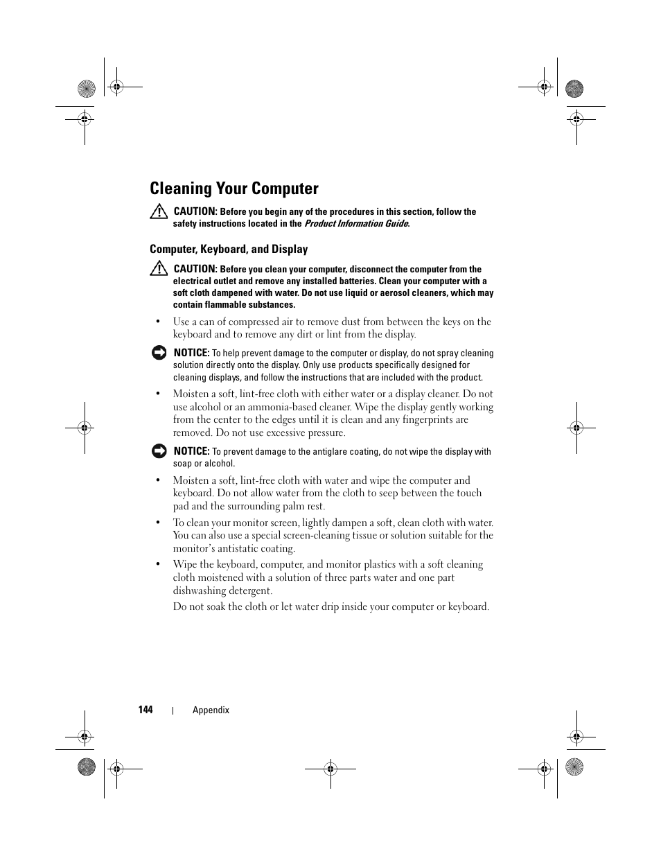 Cleaning your computer, Computer, keyboard, and display | Dell Vostro 500 (Mid 2009) User Manual | Page 144 / 170