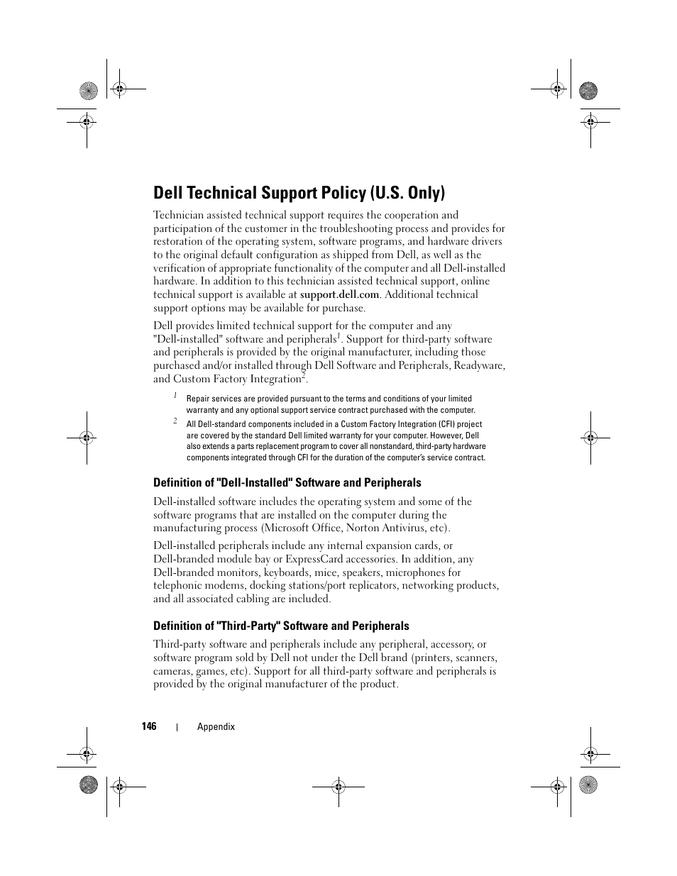 Dell technical support policy (u.s. only) | Dell Vostro 500 (Mid 2009) User Manual | Page 146 / 170