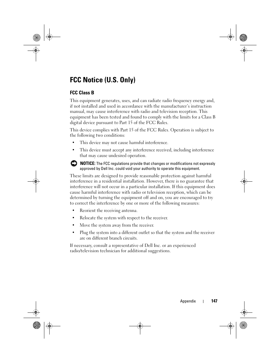 Fcc notice (u.s. only), Fcc class b | Dell Vostro 500 (Mid 2009) User Manual | Page 147 / 170