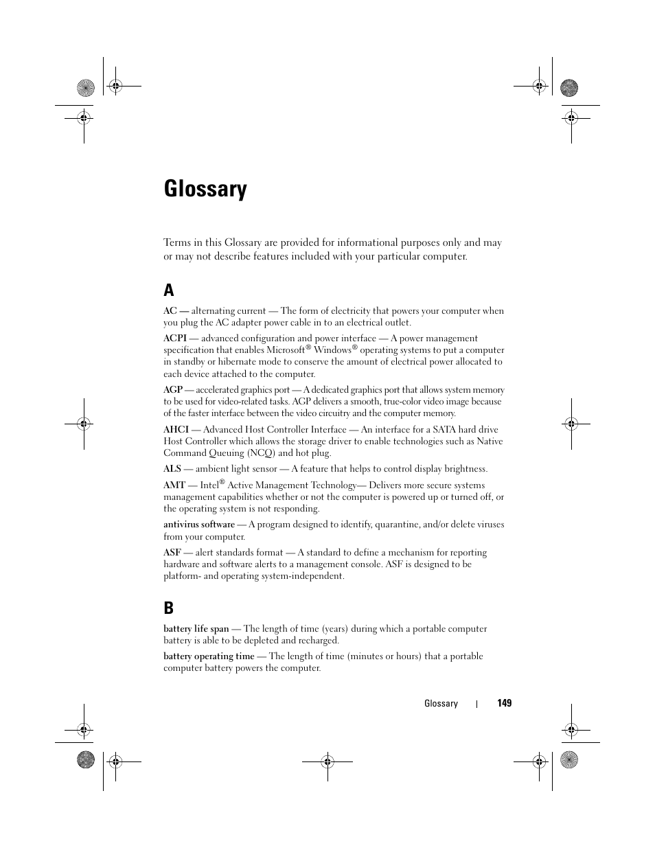 Glossary | Dell Vostro 500 (Mid 2009) User Manual | Page 149 / 170