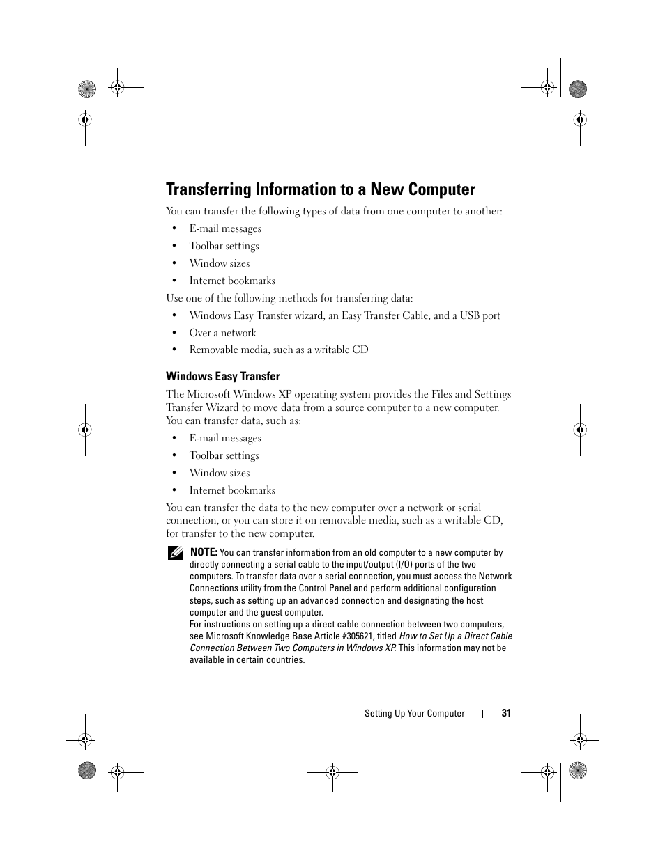Transferring information to a new computer, Windows easy transfer | Dell Vostro 500 (Mid 2009) User Manual | Page 31 / 170