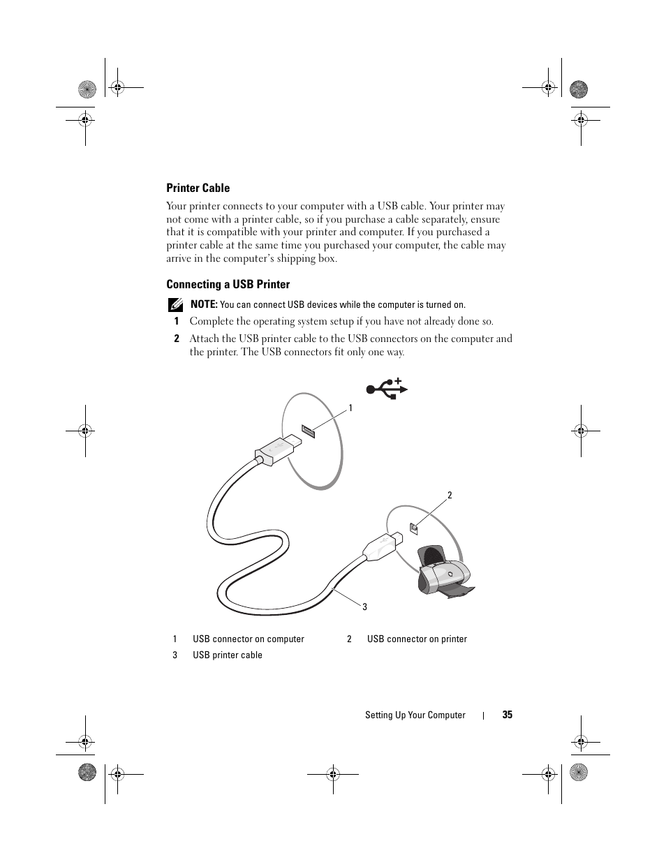 Printer cable, Connecting a usb printer | Dell Vostro 500 (Mid 2009) User Manual | Page 35 / 170
