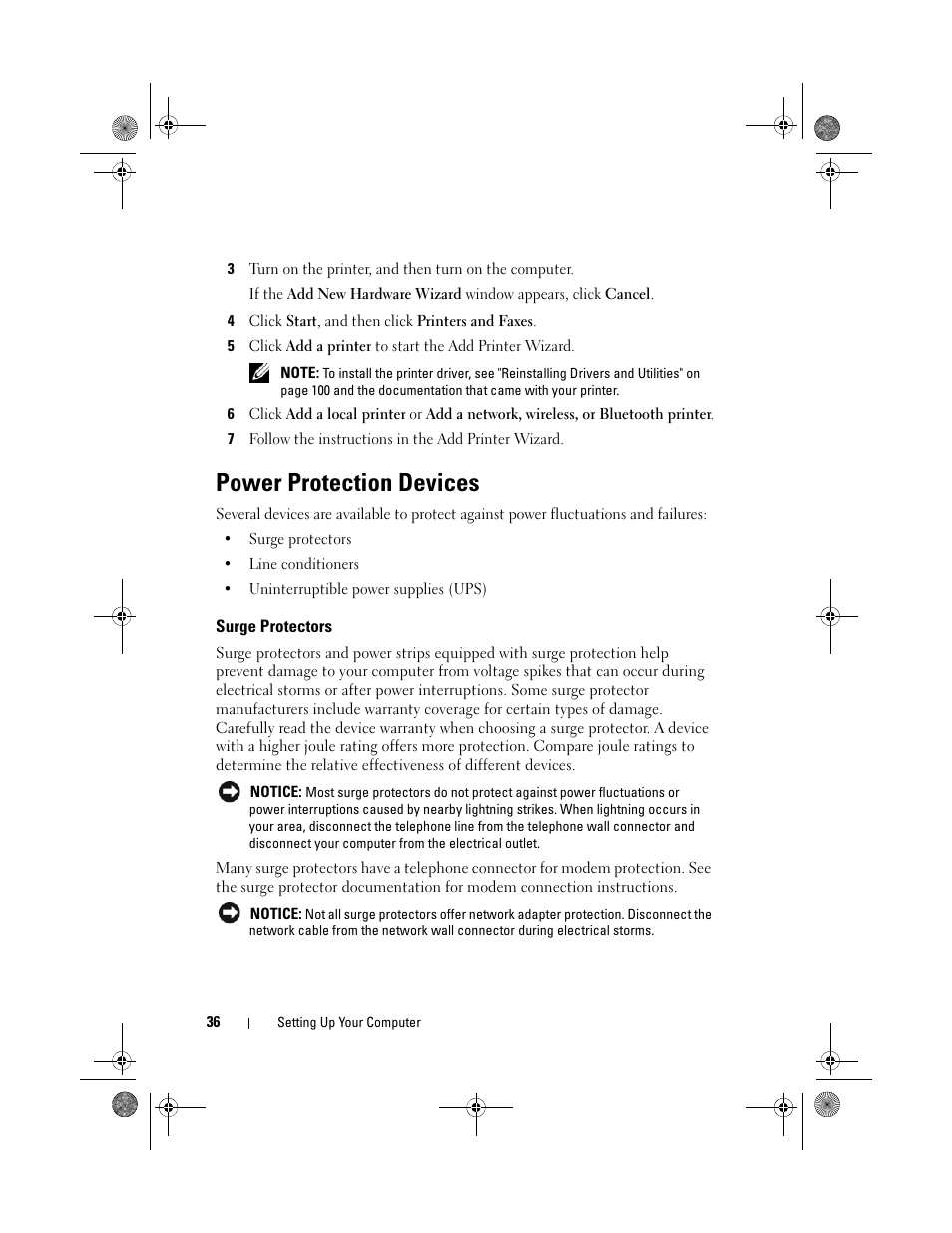 Power protection devices, Surge protectors | Dell Vostro 500 (Mid 2009) User Manual | Page 36 / 170