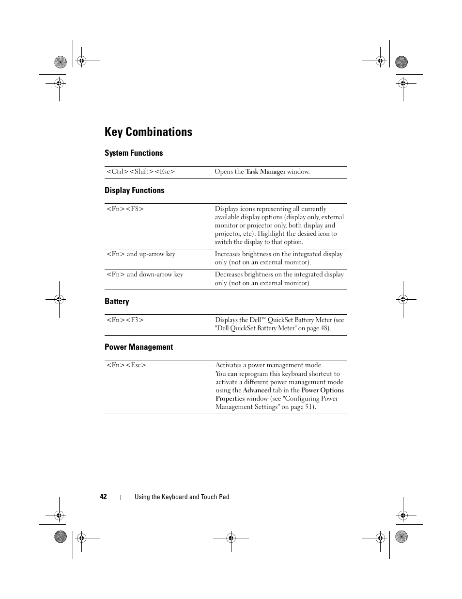 Key combinations, System functions, Display functions | Battery, Power management | Dell Vostro 500 (Mid 2009) User Manual | Page 42 / 170