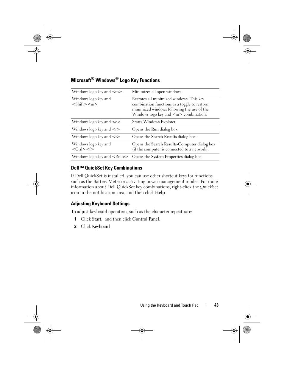 Microsoft, Dell™ quickset key combinations, Adjusting keyboard settings | Dell Vostro 500 (Mid 2009) User Manual | Page 43 / 170