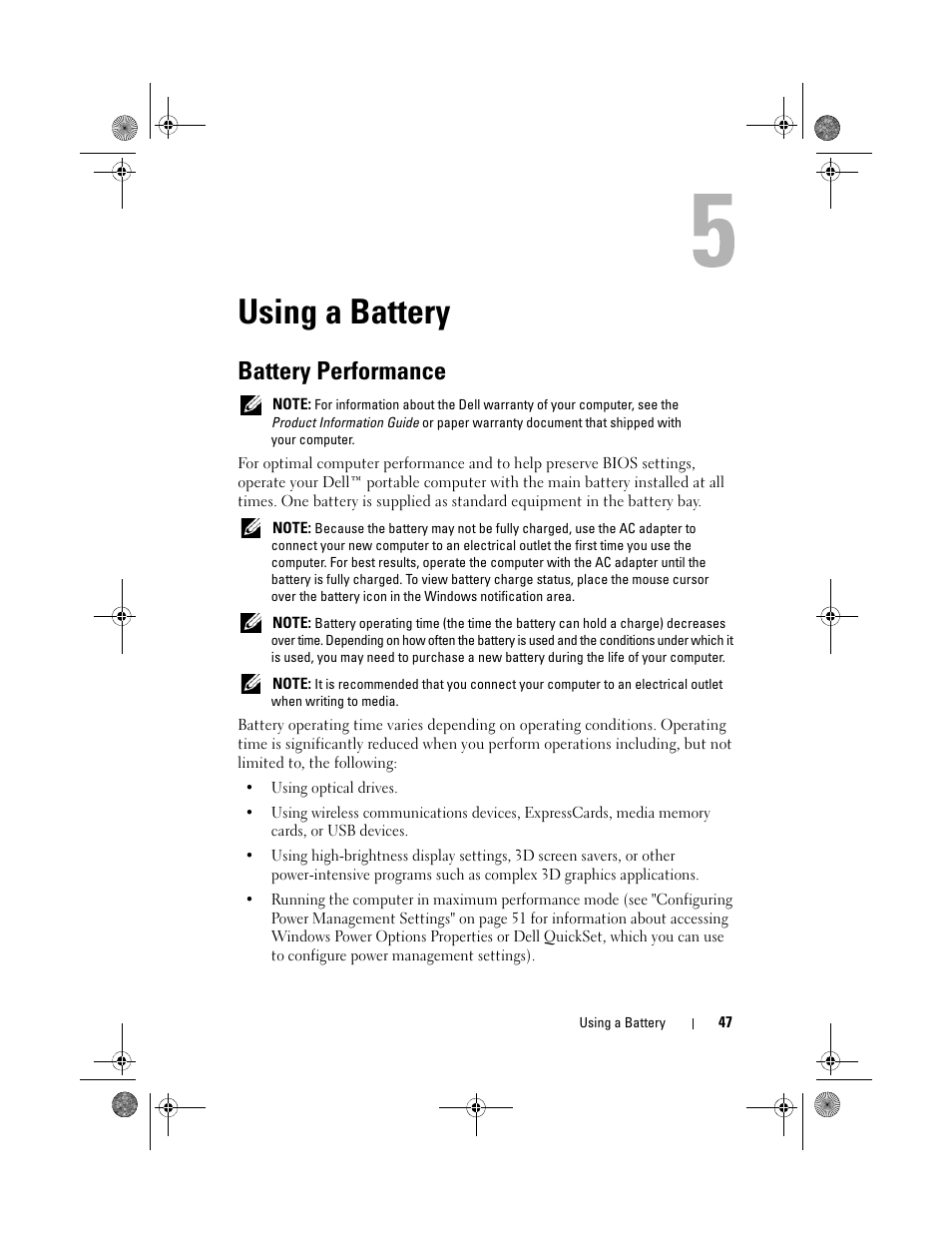 Using a battery, Battery performance | Dell Vostro 500 (Mid 2009) User Manual | Page 47 / 170