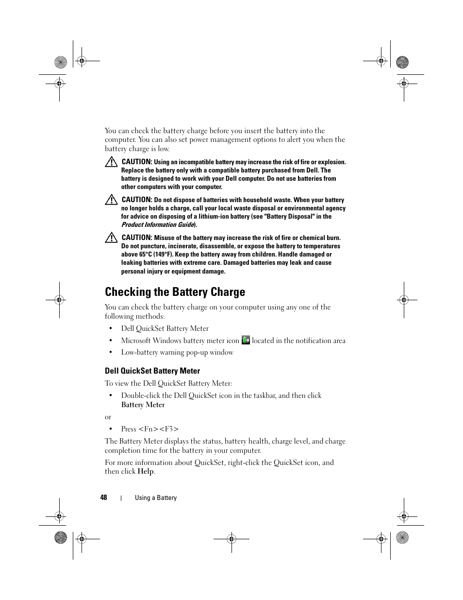 Checking the battery charge, Dell quickset battery meter | Dell Vostro 500 (Mid 2009) User Manual | Page 48 / 170