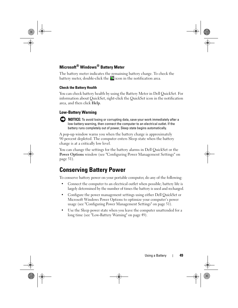 Microsoft, Low-battery warning, Conserving battery power | Dell Vostro 500 (Mid 2009) User Manual | Page 49 / 170