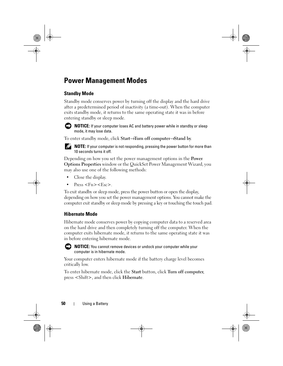 Power management modes, Standby mode, Hibernate mode | Dell Vostro 500 (Mid 2009) User Manual | Page 50 / 170