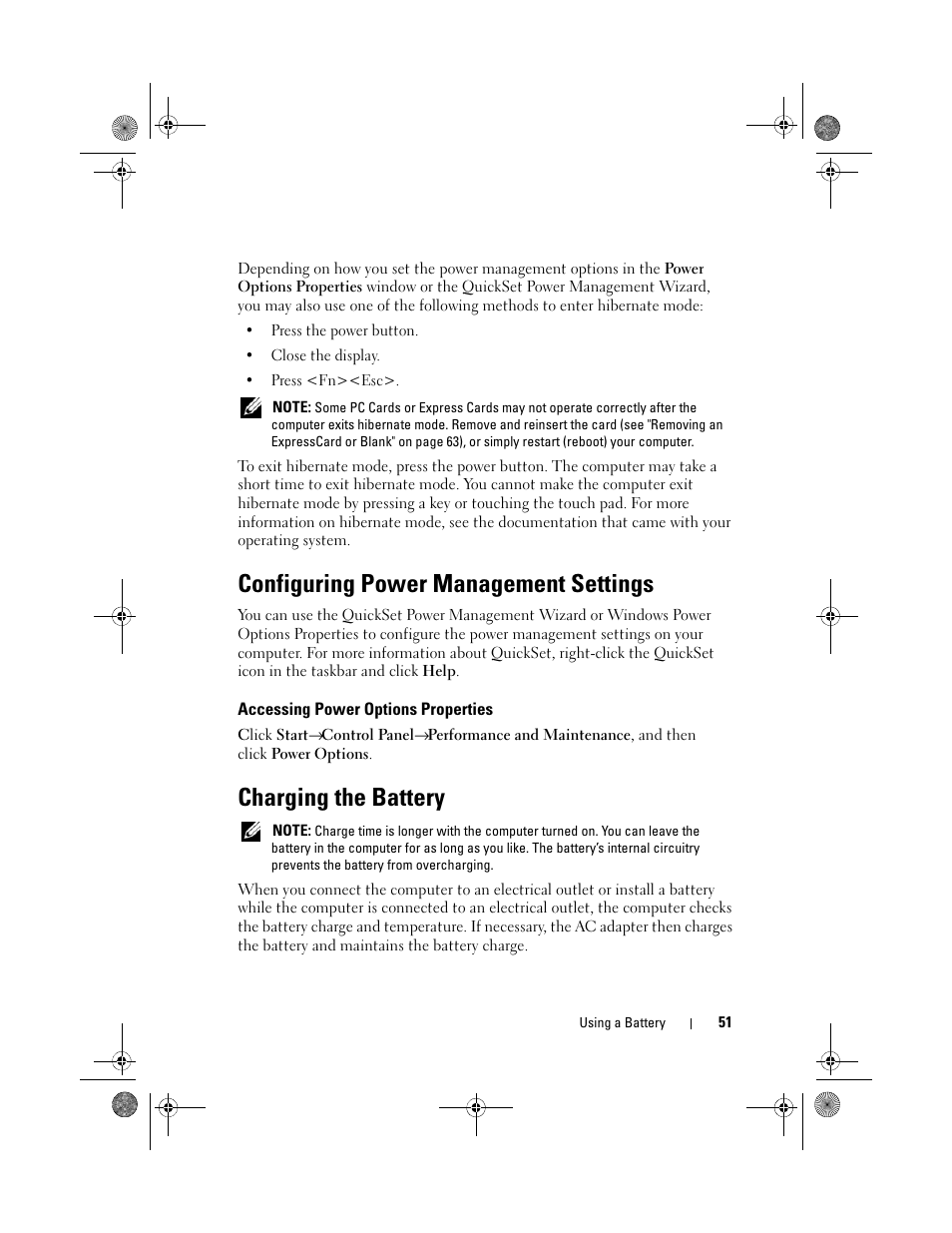 Configuring power management settings, Accessing power options properties, Charging the battery | Dell Vostro 500 (Mid 2009) User Manual | Page 51 / 170