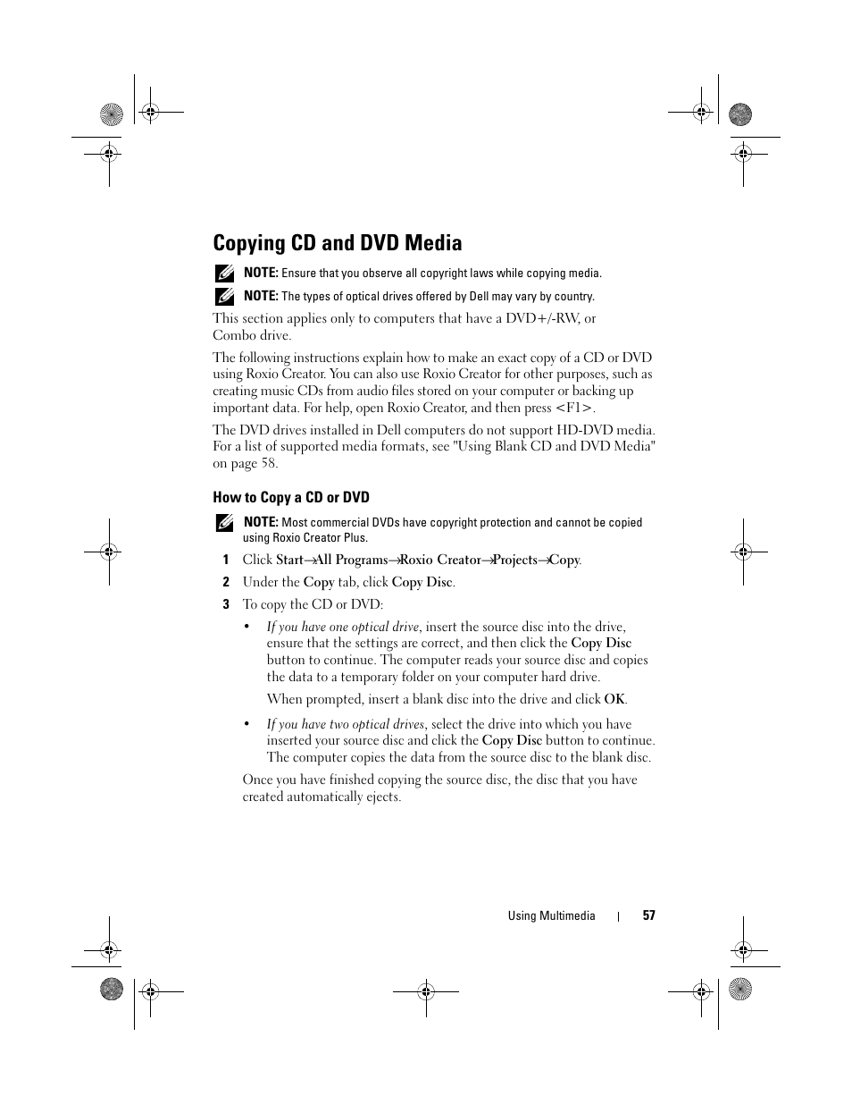 Copying cd and dvd media, How to copy a cd or dvd | Dell Vostro 500 (Mid 2009) User Manual | Page 57 / 170