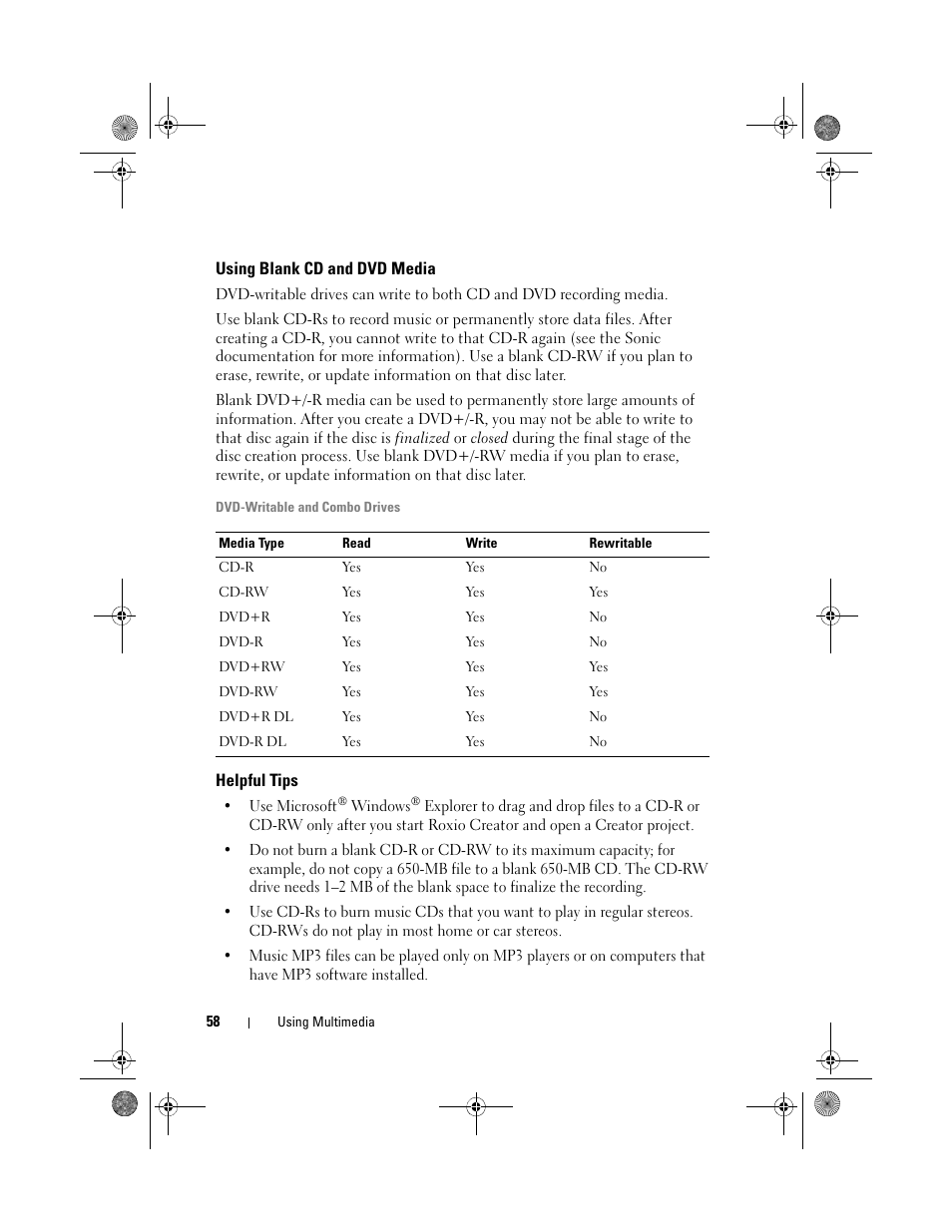 Using blank cd and dvd media, Helpful tips | Dell Vostro 500 (Mid 2009) User Manual | Page 58 / 170