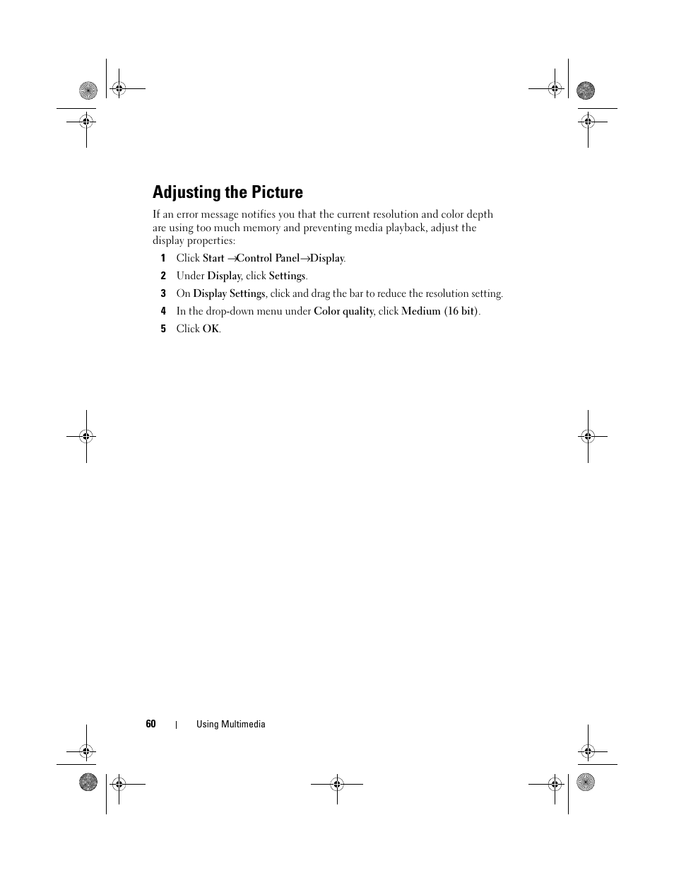 Adjusting the picture | Dell Vostro 500 (Mid 2009) User Manual | Page 60 / 170