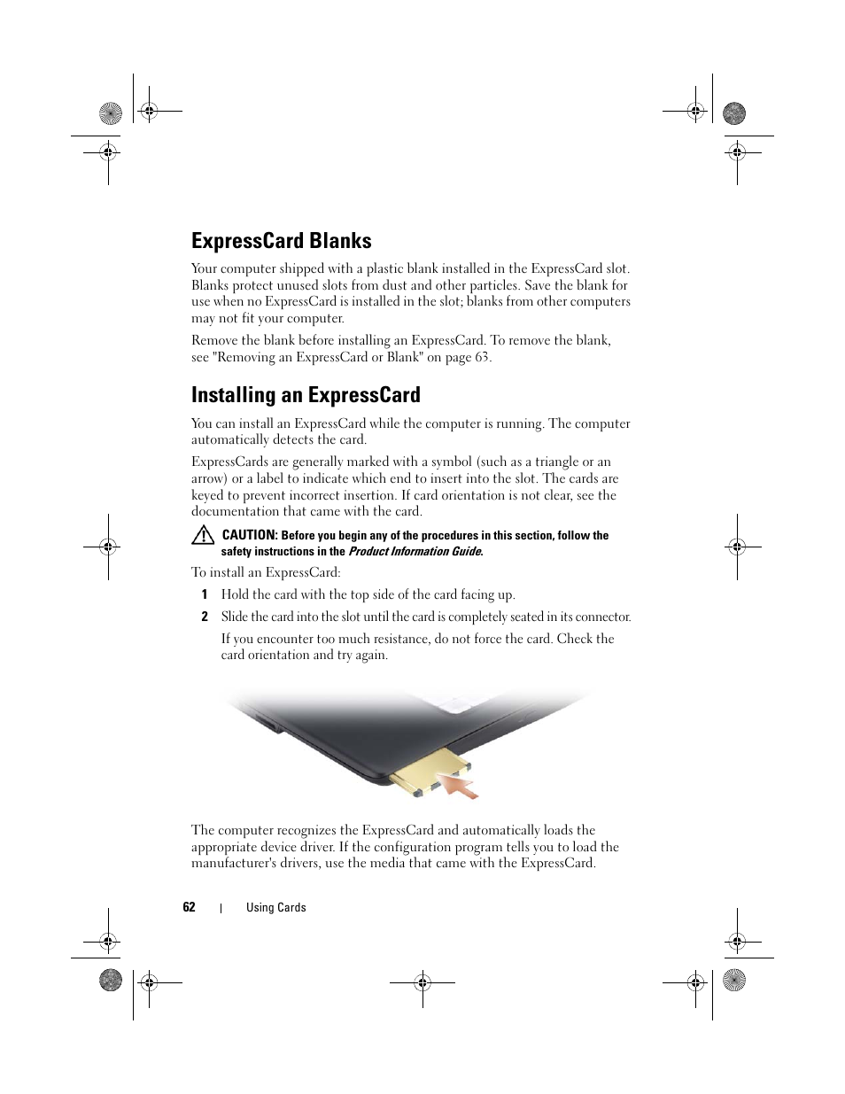 Expresscard blanks, Installing an expresscard | Dell Vostro 500 (Mid 2009) User Manual | Page 62 / 170