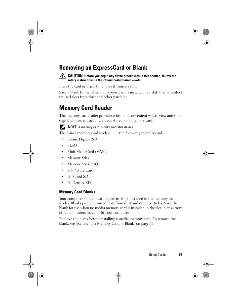 Removing an expresscard or blank, Memory card reader, Memory card blanks | Dell Vostro 500 (Mid 2009) User Manual | Page 63 / 170