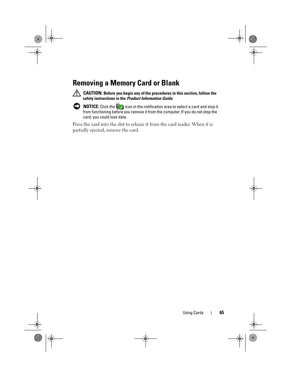 Removing a memory card or blank | Dell Vostro 500 (Mid 2009) User Manual | Page 65 / 170