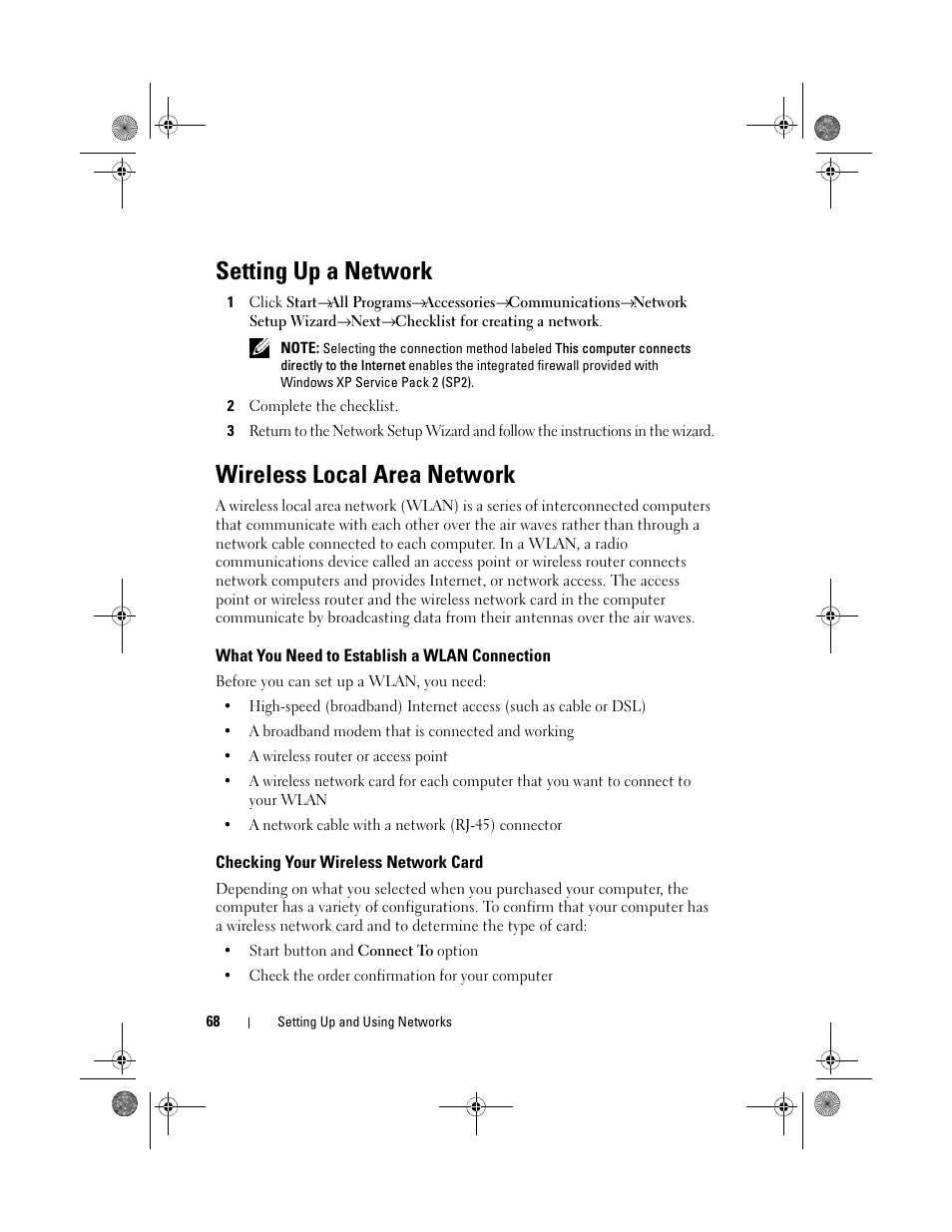 Setting up a network, Wireless local area network, What you need to establish a wlan connection | Checking your wireless network card | Dell Vostro 500 (Mid 2009) User Manual | Page 68 / 170