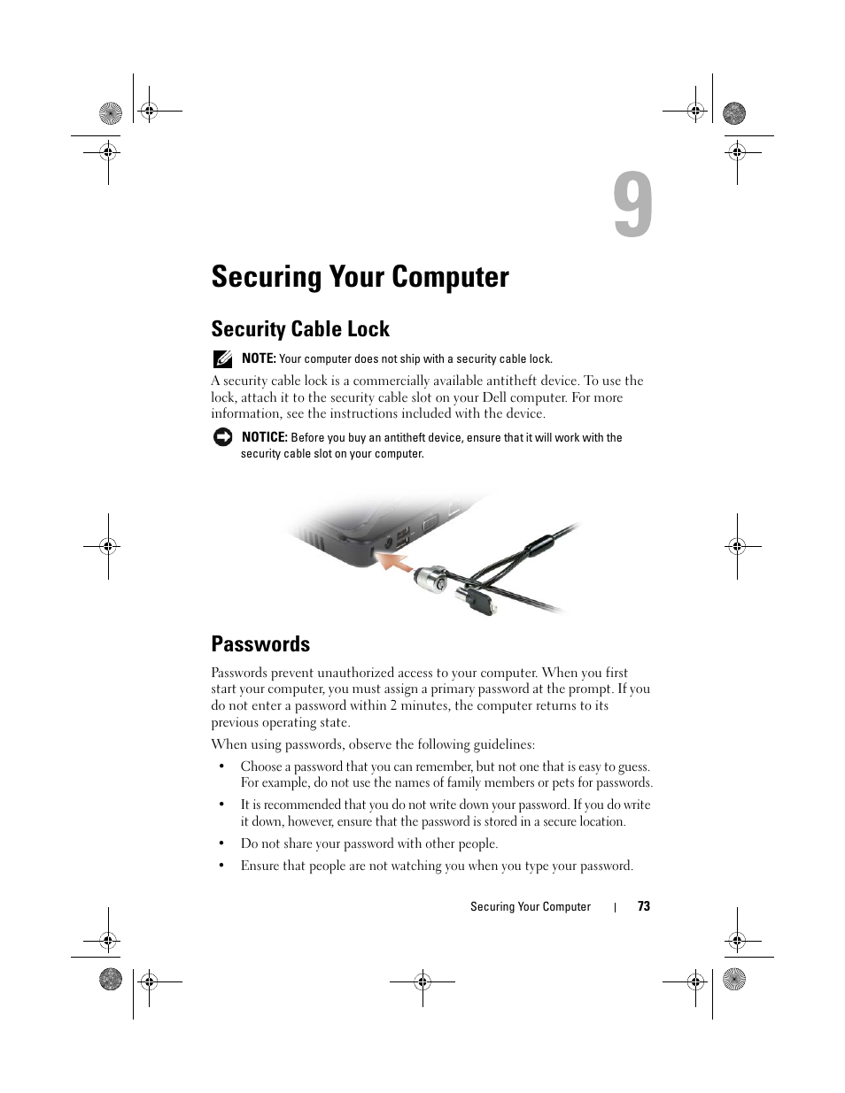 Securing your computer, Security cable lock, Passwords | Dell Vostro 500 (Mid 2009) User Manual | Page 73 / 170