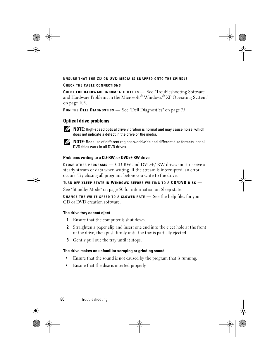 Optical drive problems | Dell Vostro 500 (Mid 2009) User Manual | Page 80 / 170