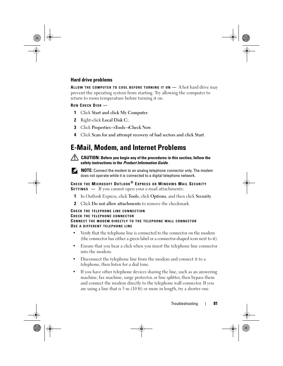 Hard drive problems, E-mail, modem, and internet problems | Dell Vostro 500 (Mid 2009) User Manual | Page 81 / 170