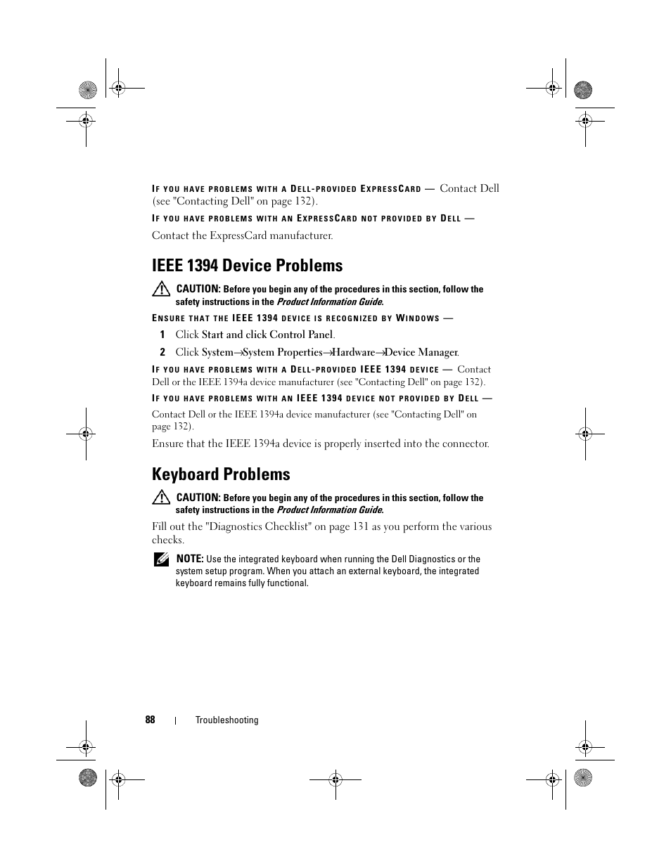Ieee 1394 device problems, Keyboard problems | Dell Vostro 500 (Mid 2009) User Manual | Page 88 / 170