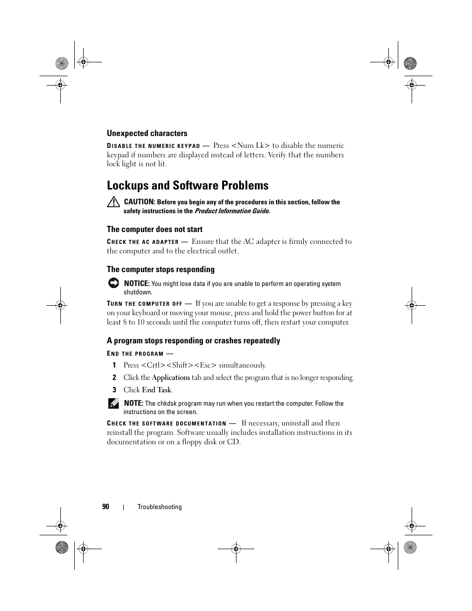 Unexpected characters, Lockups and software problems, The computer does not start | The computer stops responding, A program stops responding or crashes repeatedly | Dell Vostro 500 (Mid 2009) User Manual | Page 90 / 170