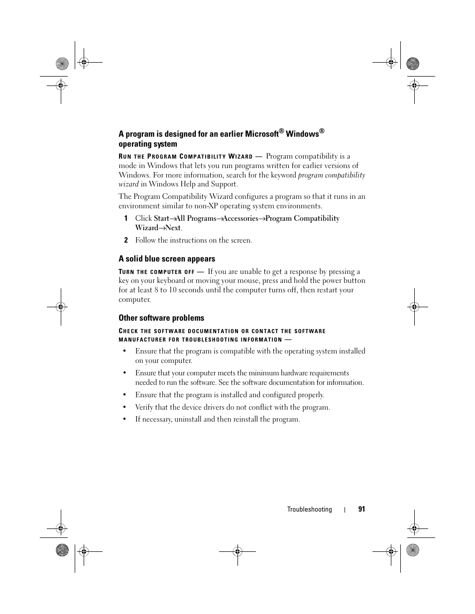 A program is designed for an earlier microsoft, A solid blue screen appears, Other software problems | Dell Vostro 500 (Mid 2009) User Manual | Page 91 / 170