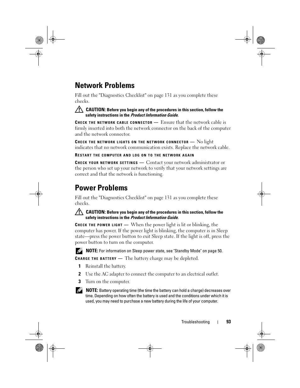 Network problems, Power problems | Dell Vostro 500 (Mid 2009) User Manual | Page 93 / 170