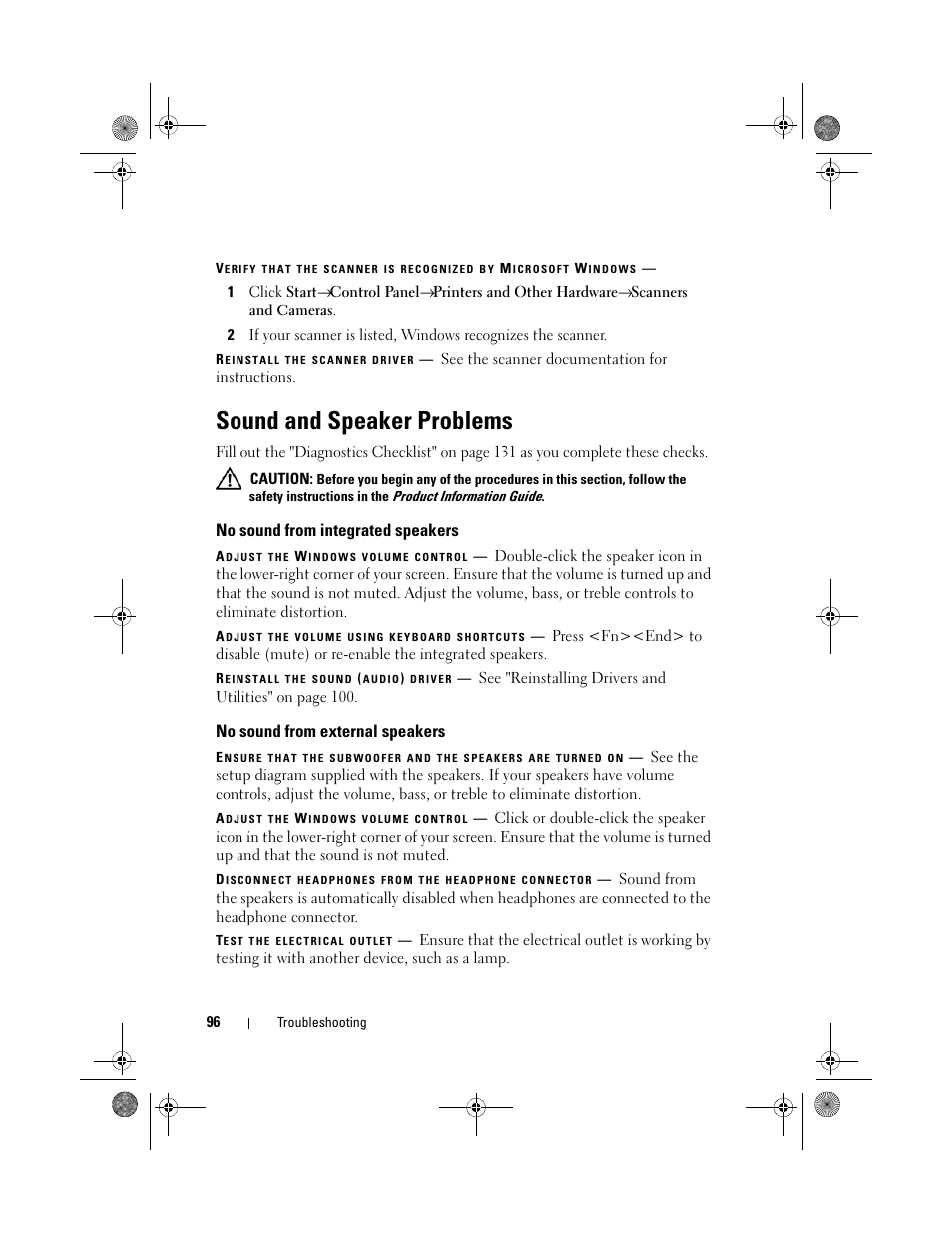 Sound and speaker problems, No sound from integrated speakers, No sound from external speakers | Dell Vostro 500 (Mid 2009) User Manual | Page 96 / 170