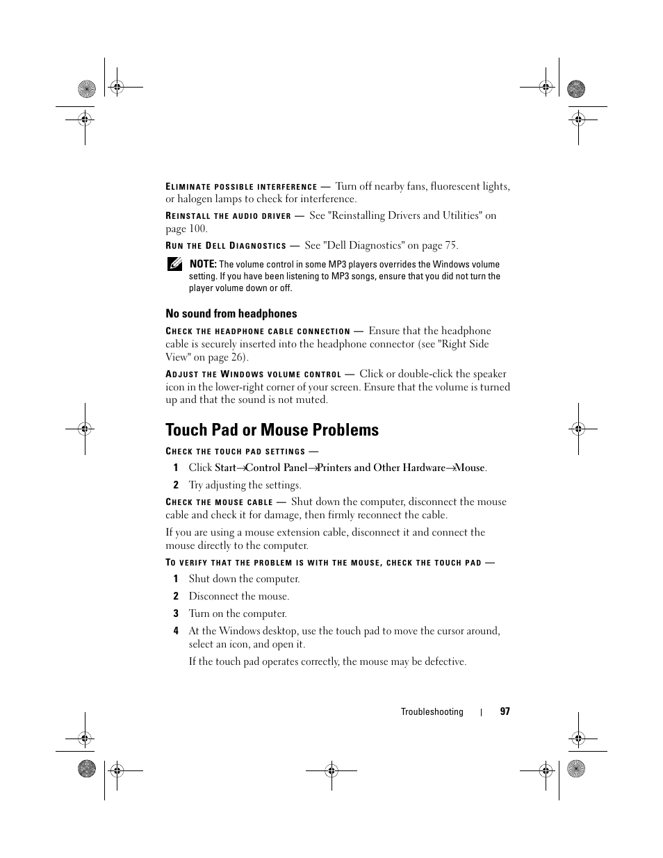 No sound from headphones, Touch pad or mouse problems | Dell Vostro 500 (Mid 2009) User Manual | Page 97 / 170