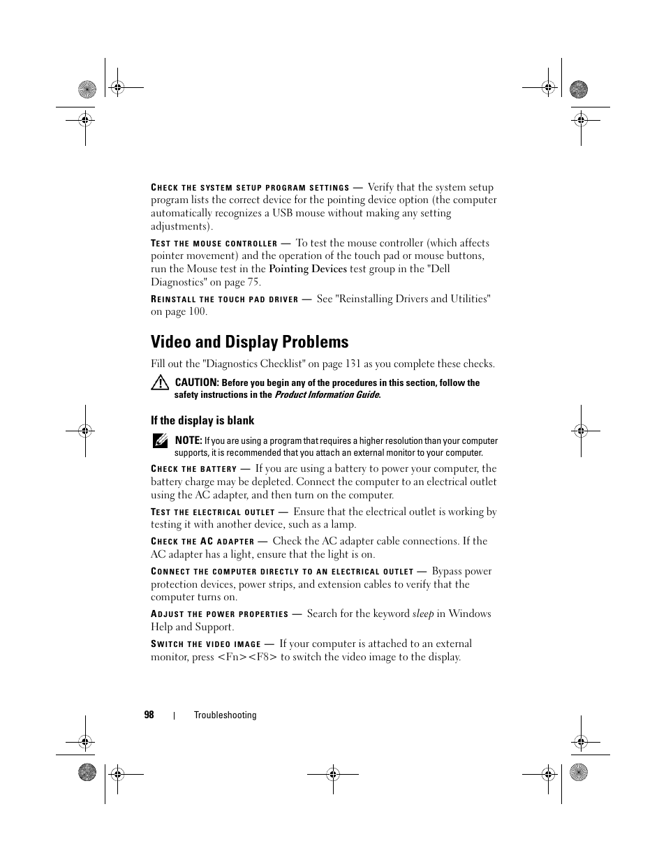 Video and display problems, If the display is blank | Dell Vostro 500 (Mid 2009) User Manual | Page 98 / 170