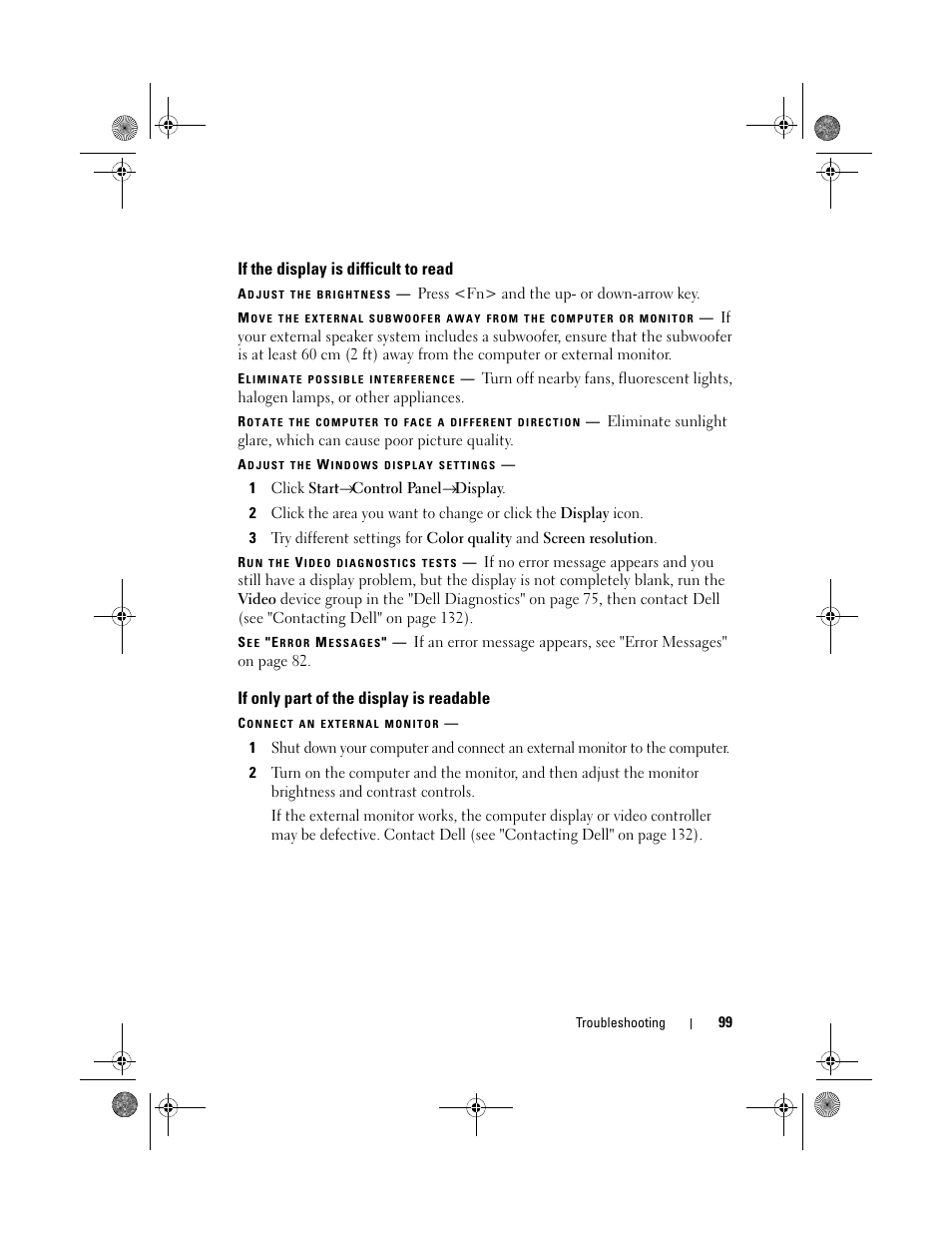 If the display is difficult to read, If only part of the display is readable | Dell Vostro 500 (Mid 2009) User Manual | Page 99 / 170