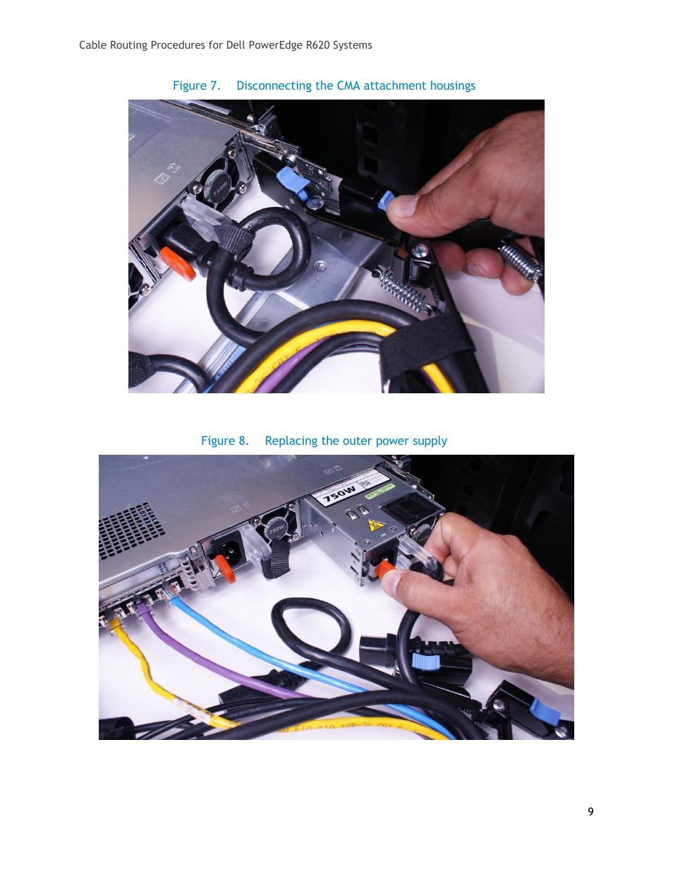 Figure 7, Disconnecting the cma attachment housings, Figure 8 | Replacing the outer power supply | Dell PowerEdge Rack Enclosure 4020S User Manual | Page 9 / 11