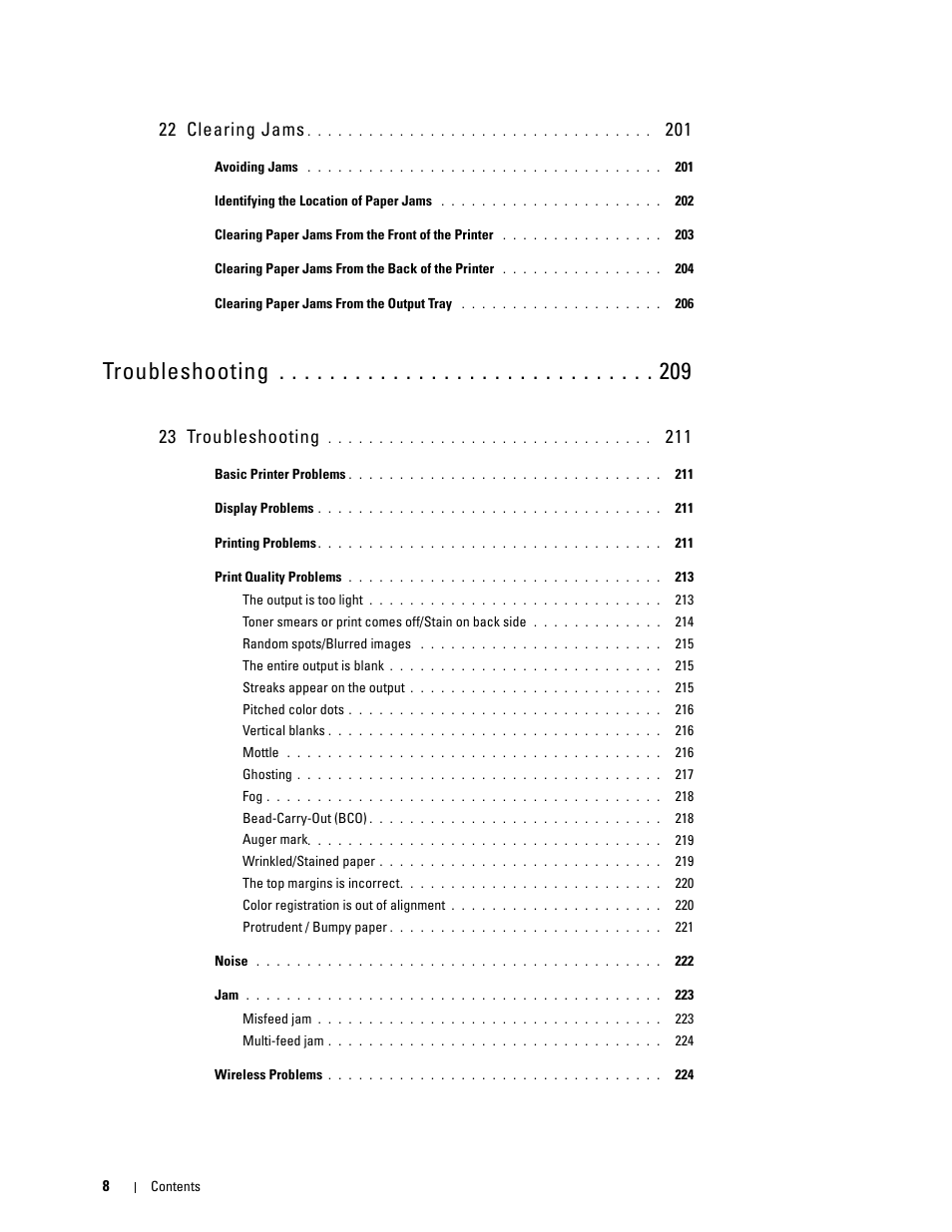 Troubleshooting, 22 clearing jams, 23 troubleshooting | Dell C1760NW Color Laser Printer User Manual | Page 10 / 240