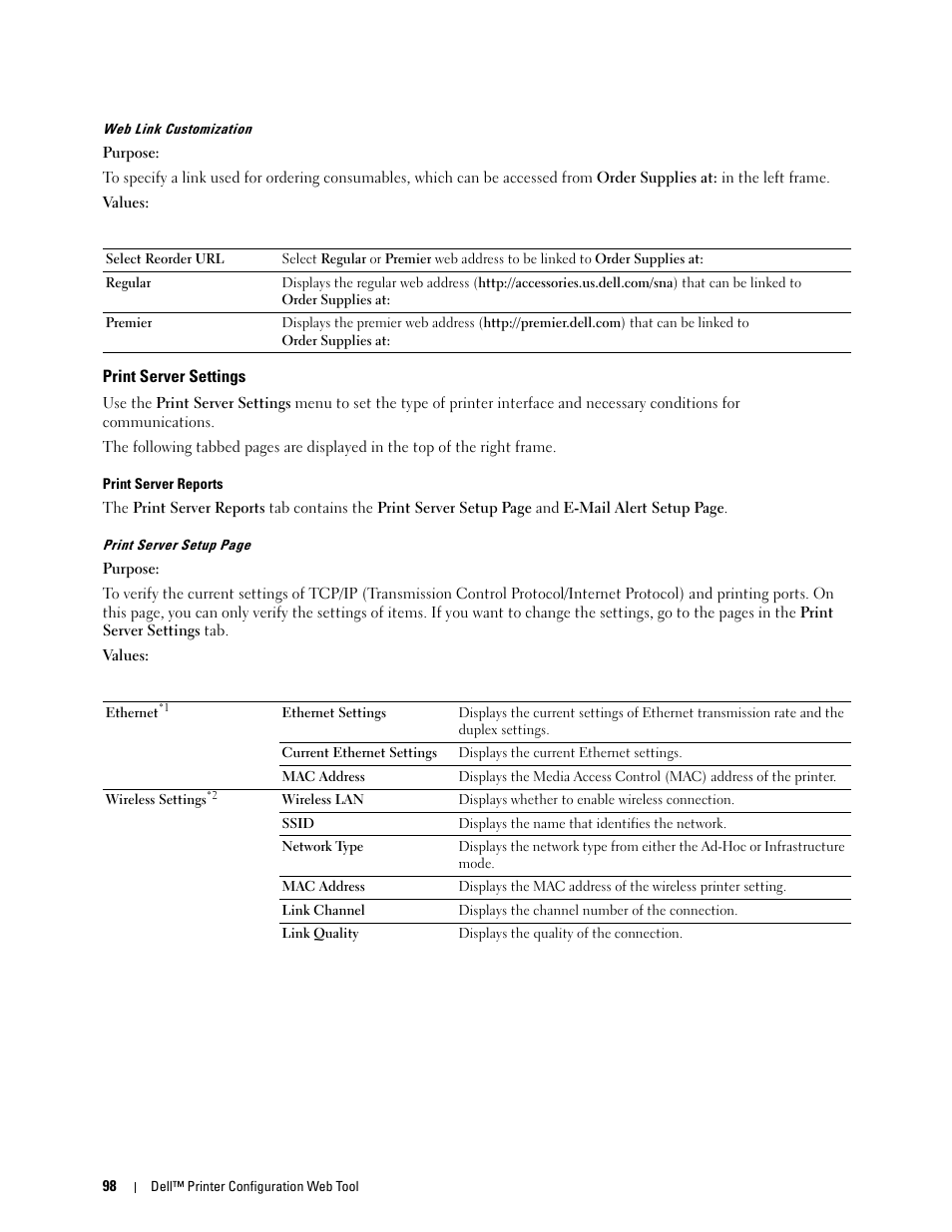 Print server settings, Web link customization, Print server reports | Dell C1760NW Color Laser Printer User Manual | Page 100 / 240