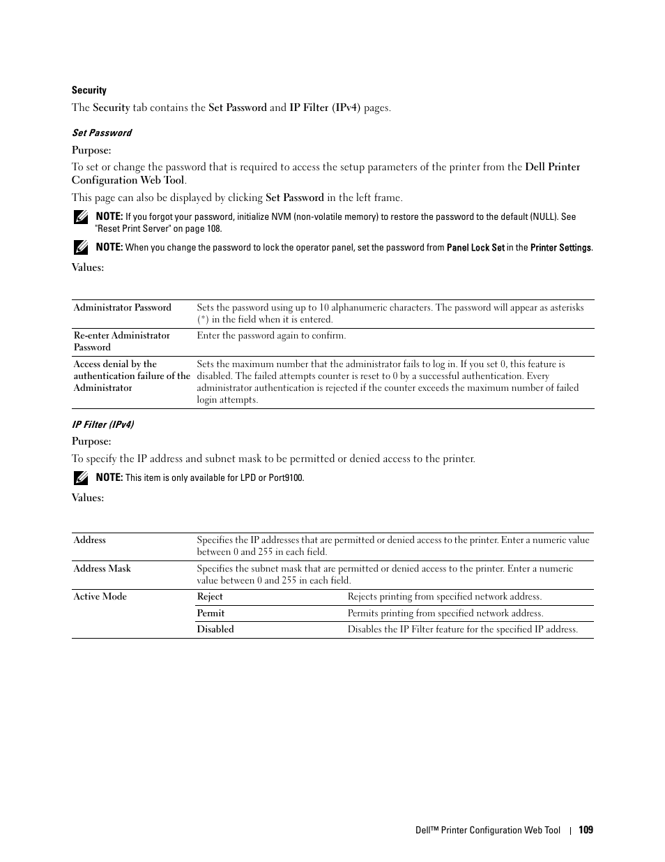 Security, Set password" "ip filter (ipv4) | Dell C1760NW Color Laser Printer User Manual | Page 111 / 240
