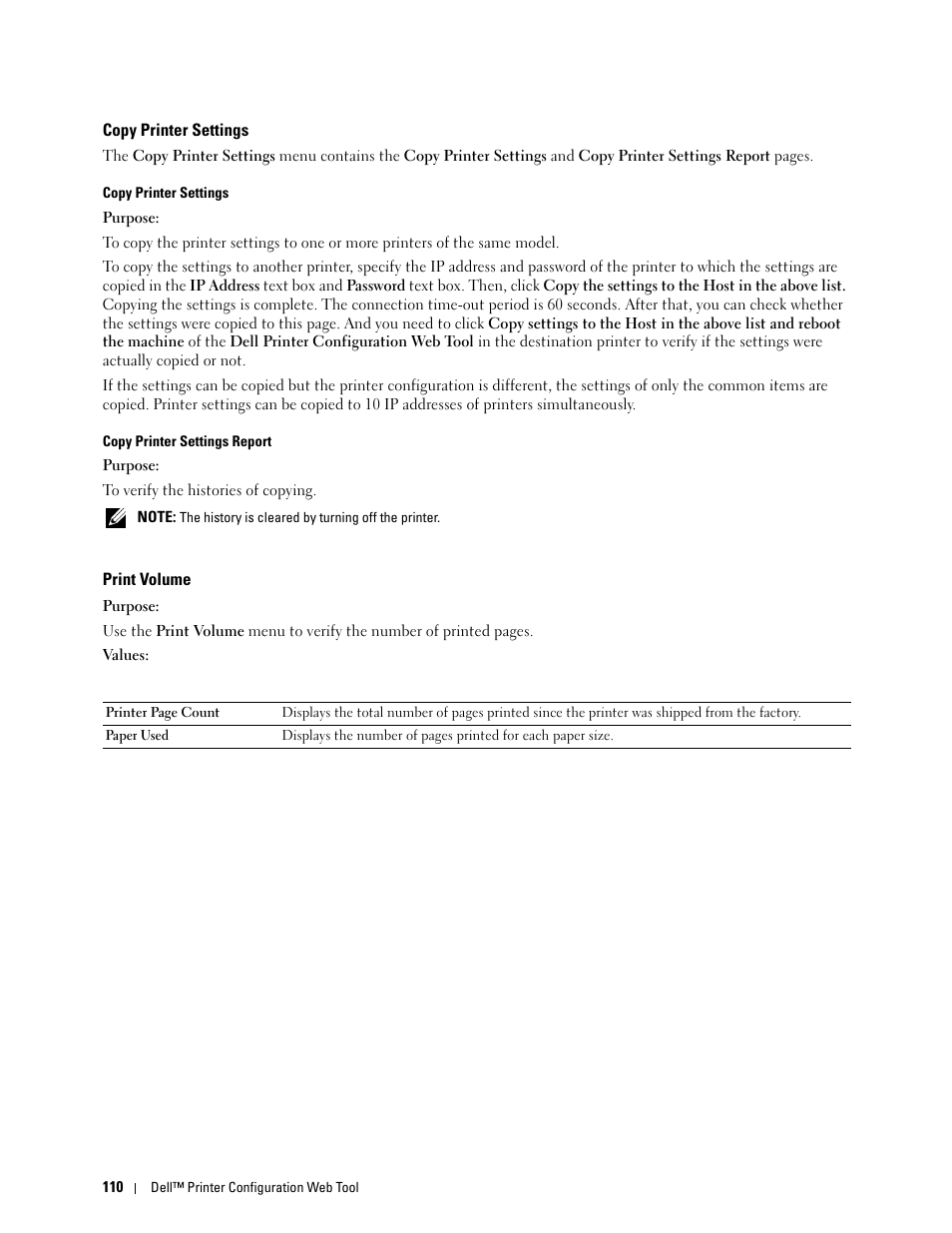 Copy printer settings, Print volume | Dell C1760NW Color Laser Printer User Manual | Page 112 / 240