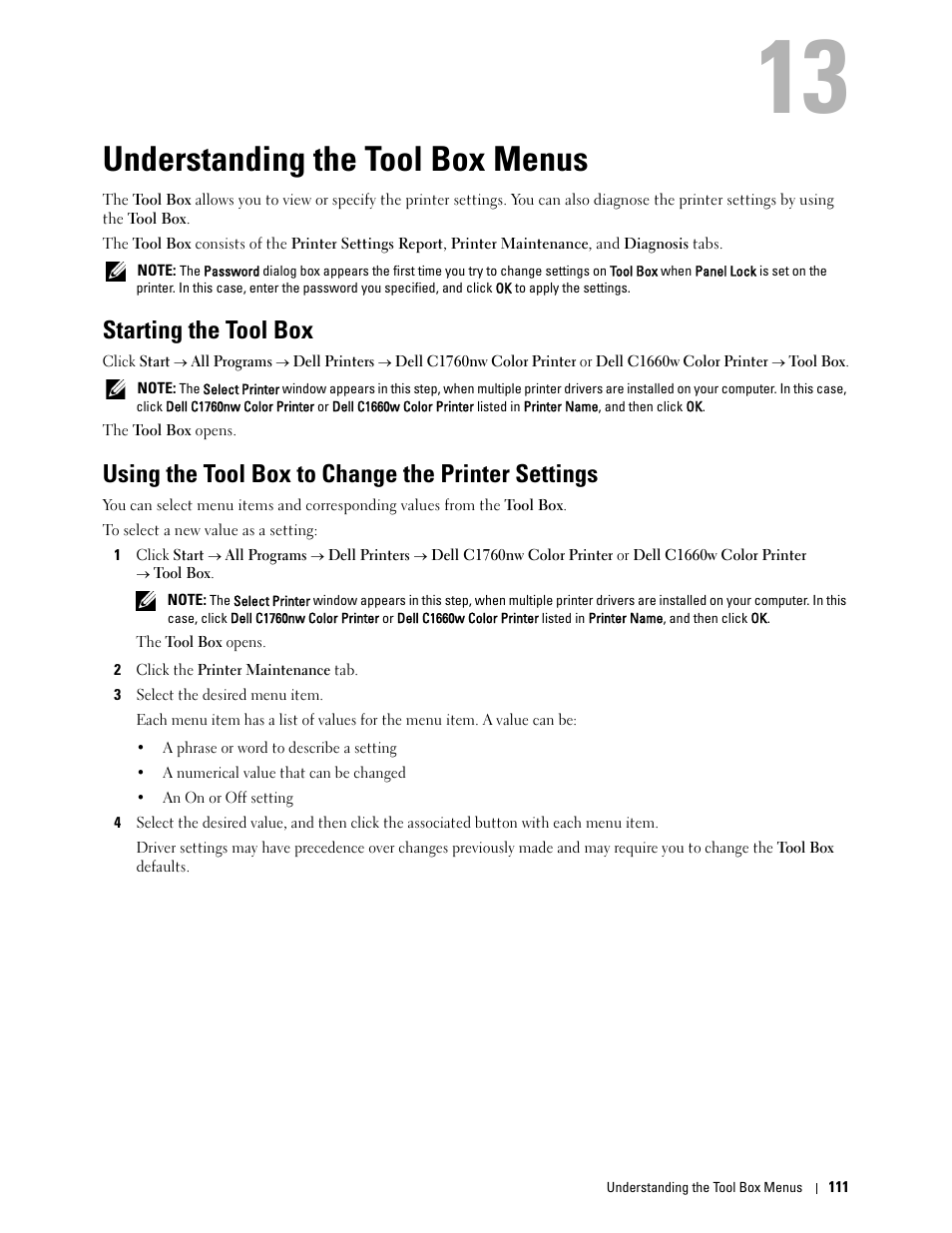 Understanding the tool box menus, Starting the tool box, Using the tool box to change the printer settings | 13 understanding the tool box menus | Dell C1760NW Color Laser Printer User Manual | Page 113 / 240