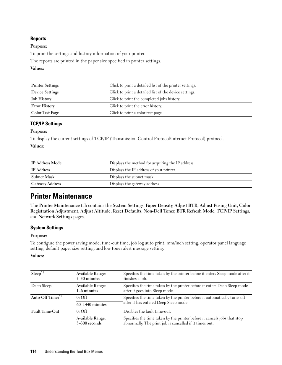 Reports, Tcp/ip settings, Printer maintenance | System settings | Dell C1760NW Color Laser Printer User Manual | Page 116 / 240