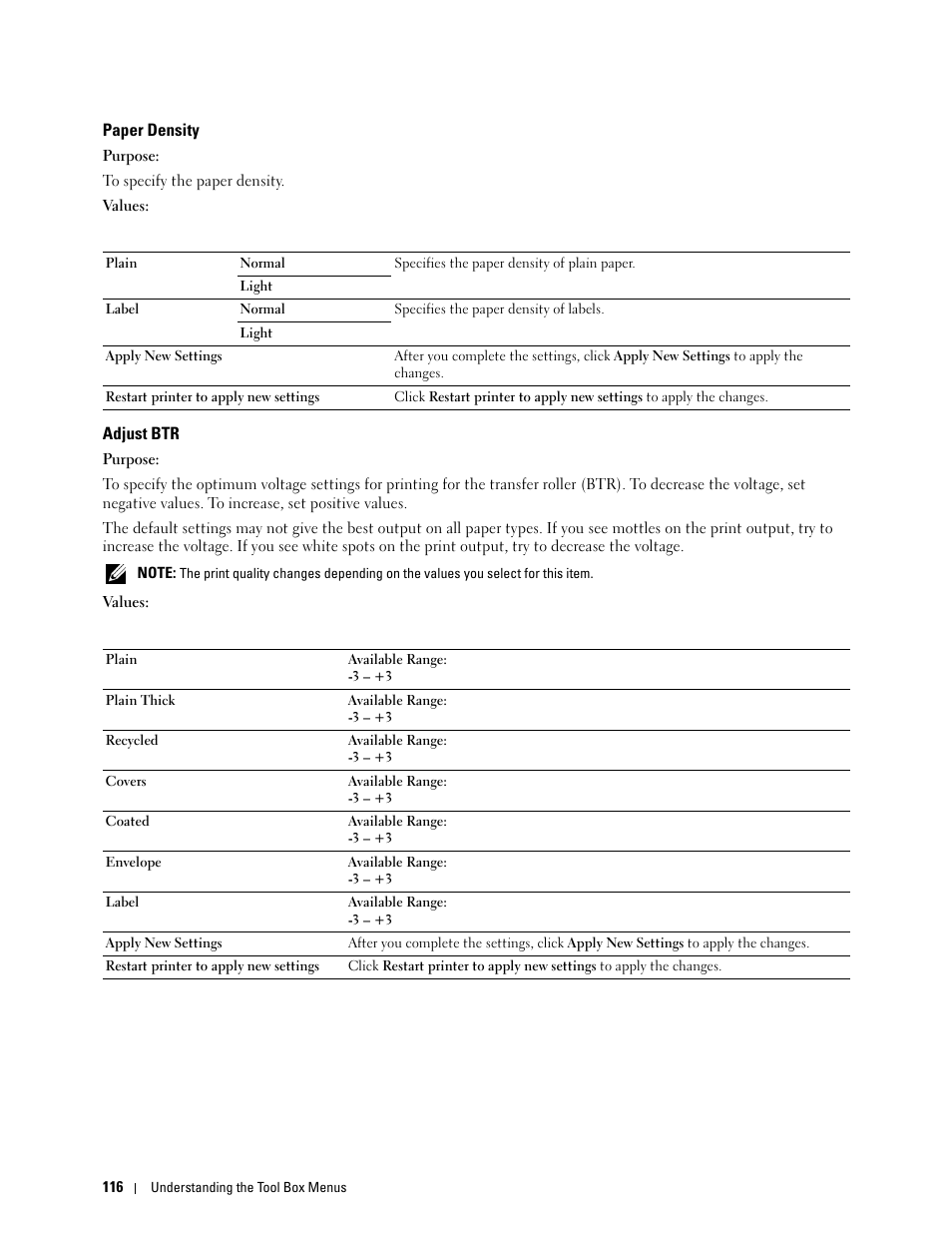 Paper density, Adjust btr | Dell C1760NW Color Laser Printer User Manual | Page 118 / 240