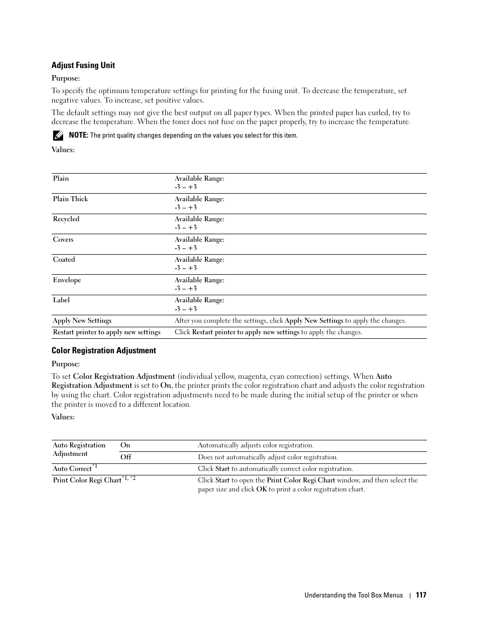 Adjust fusing unit, Color registration adjustment | Dell C1760NW Color Laser Printer User Manual | Page 119 / 240
