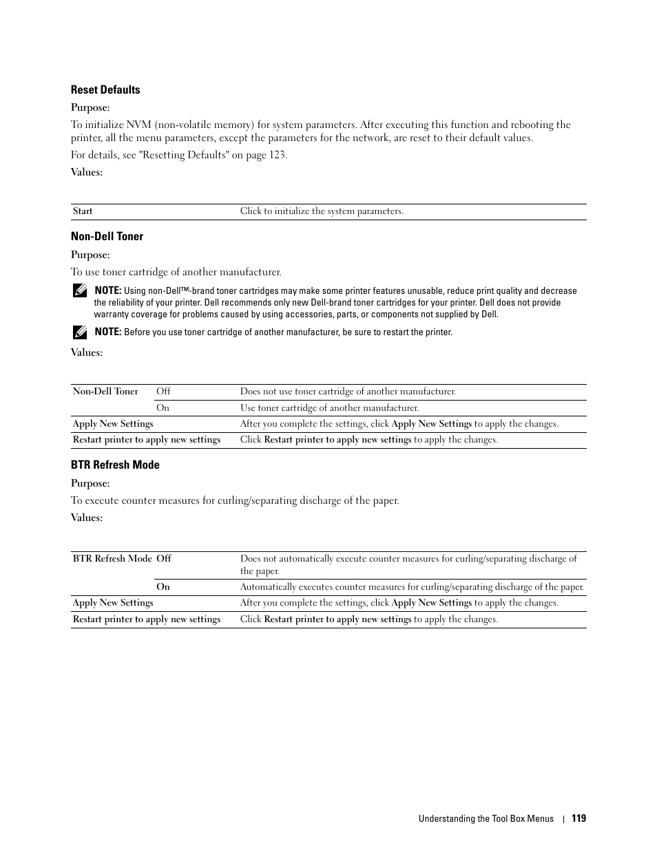 Reset defaults, Non-dell toner, Btr refresh mode | Dell C1760NW Color Laser Printer User Manual | Page 121 / 240