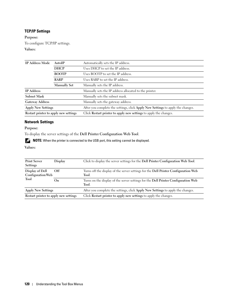 Tcp/ip settings, Network settings | Dell C1760NW Color Laser Printer User Manual | Page 122 / 240