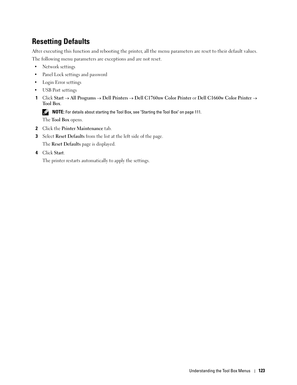 Resetting defaults | Dell C1760NW Color Laser Printer User Manual | Page 125 / 240