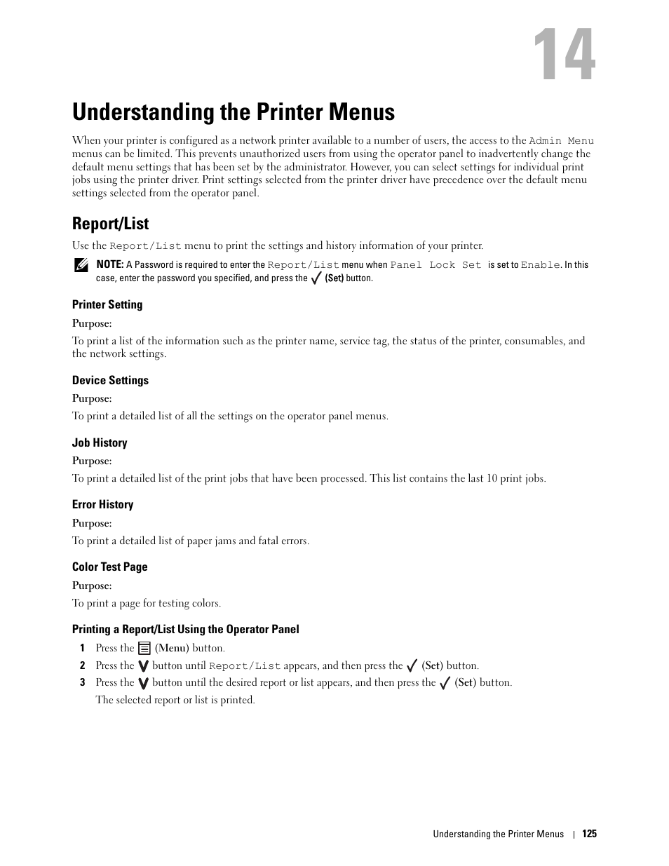 Understanding the printer menus, Report/list, Printer setting | Device settings, Job history, Error history, Printing a report/list using the operator panel, 14 understanding the printer menus | Dell C1760NW Color Laser Printer User Manual | Page 127 / 240