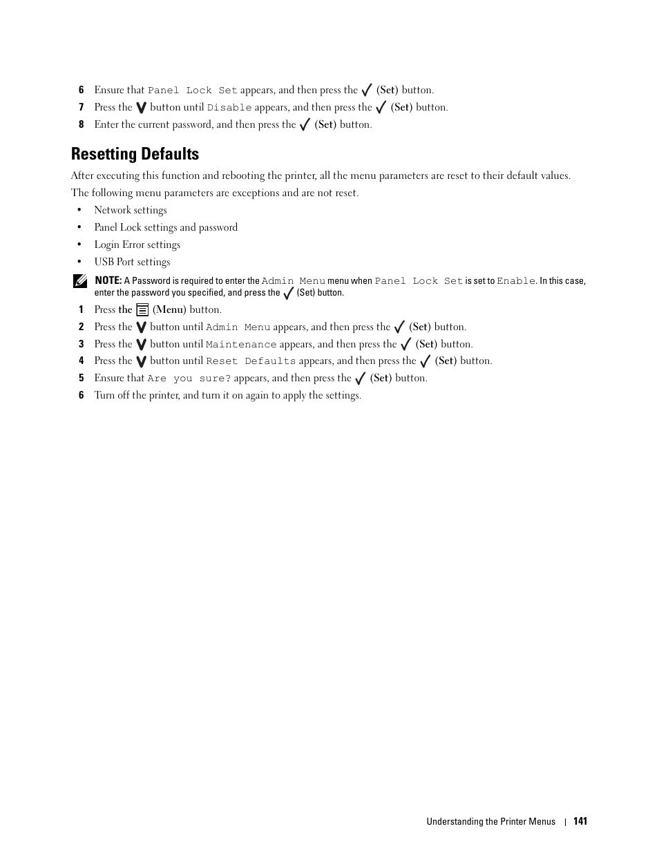 Resetting defaults | Dell C1760NW Color Laser Printer User Manual | Page 143 / 240
