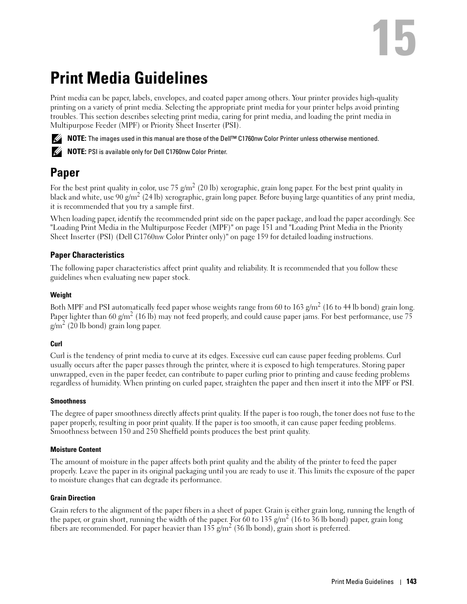 Print media guidelines, Paper, Paper characteristics | 15 print media guidelines | Dell C1760NW Color Laser Printer User Manual | Page 145 / 240