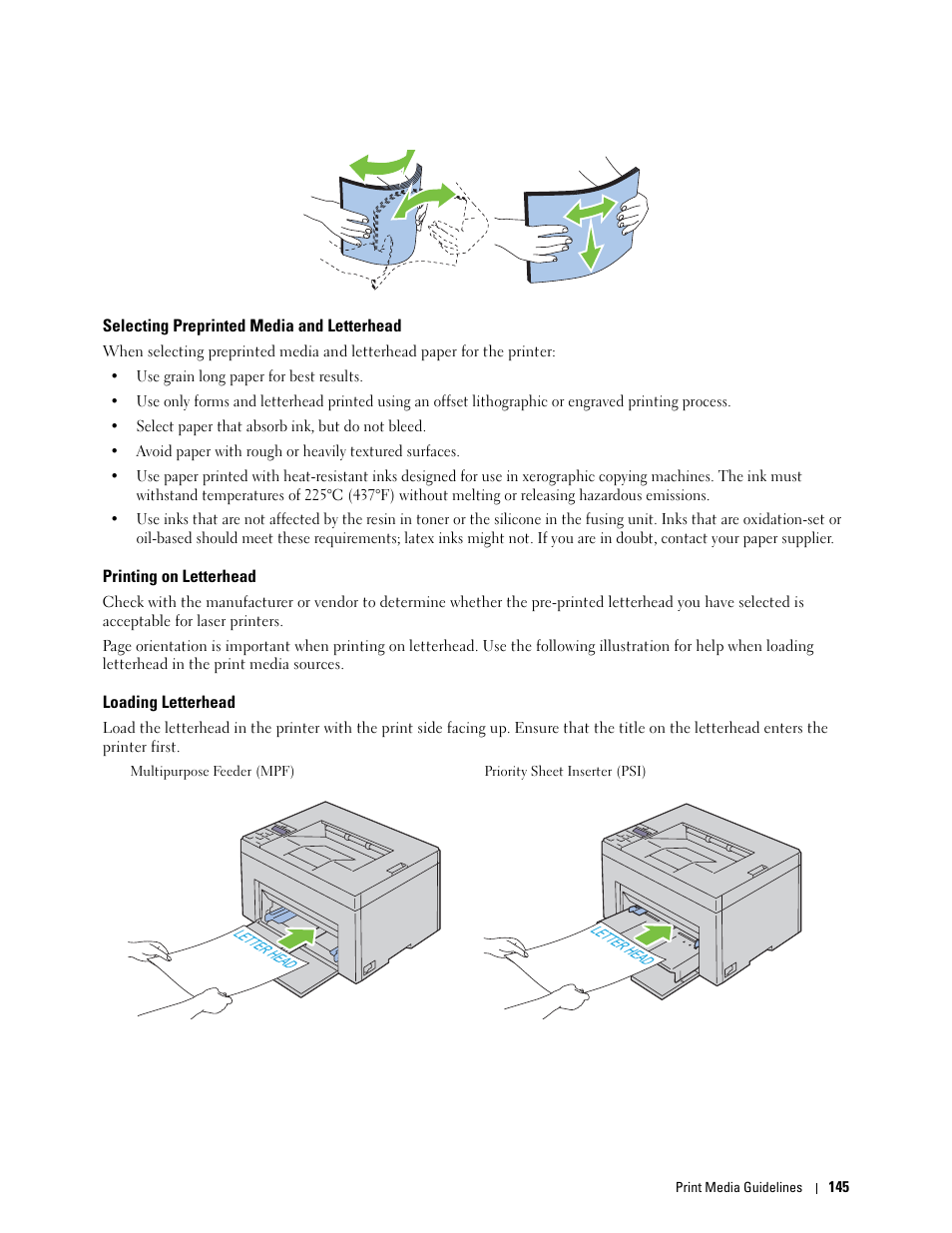 Selecting preprinted media and letterhead, Printing on letterhead, Loading letterhead | Dell C1760NW Color Laser Printer User Manual | Page 147 / 240