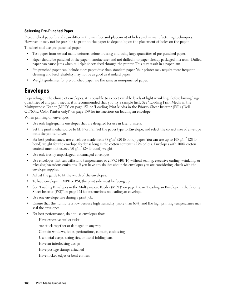 Selecting pre-punched paper, Envelopes | Dell C1760NW Color Laser Printer User Manual | Page 148 / 240